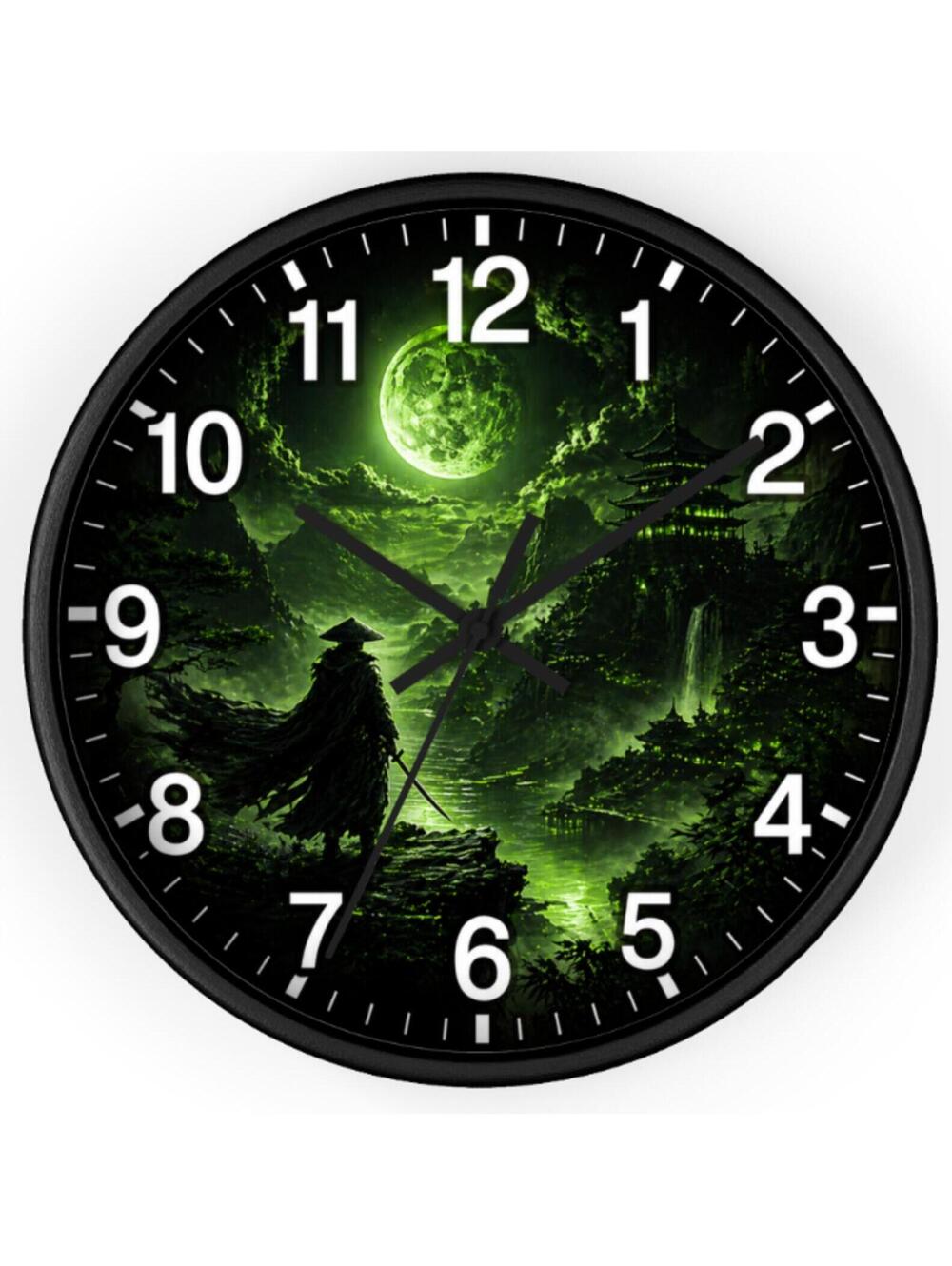 SAMURAI MOON GLOW WALL CLOCK GREEN NIGHT SCENE HOME DECOR